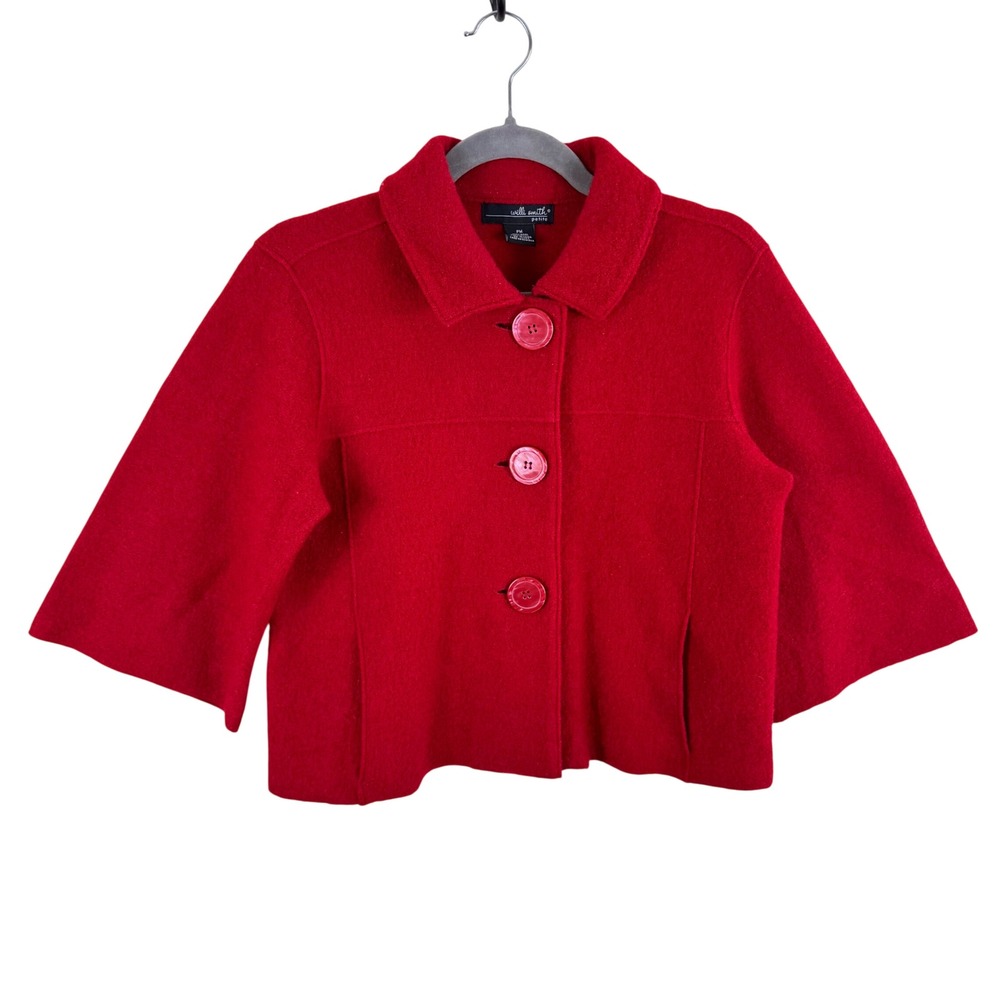 Willi Smith Petite Red 100% Boiled Wool Cropped Jacket 3/4 Sleeve Petite Medium